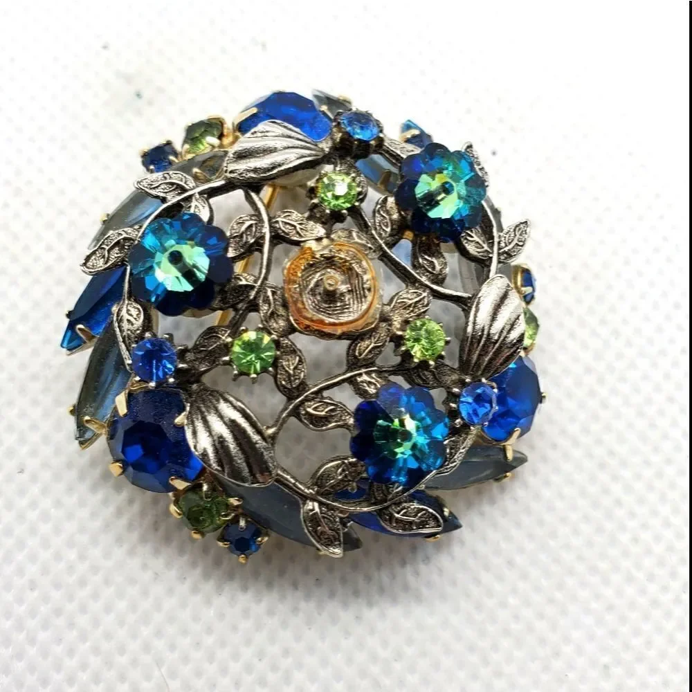 Vintage Blue, Green, & Silver Floral Brooch